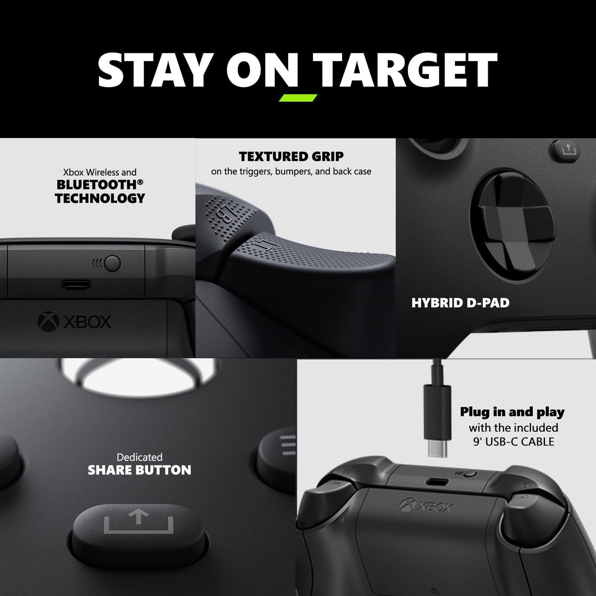 Xbox Core Wireless Gaming Controller + USB-C® Cable – Carbon Black Series X|S, One, Windows PC, Android, and iOS
