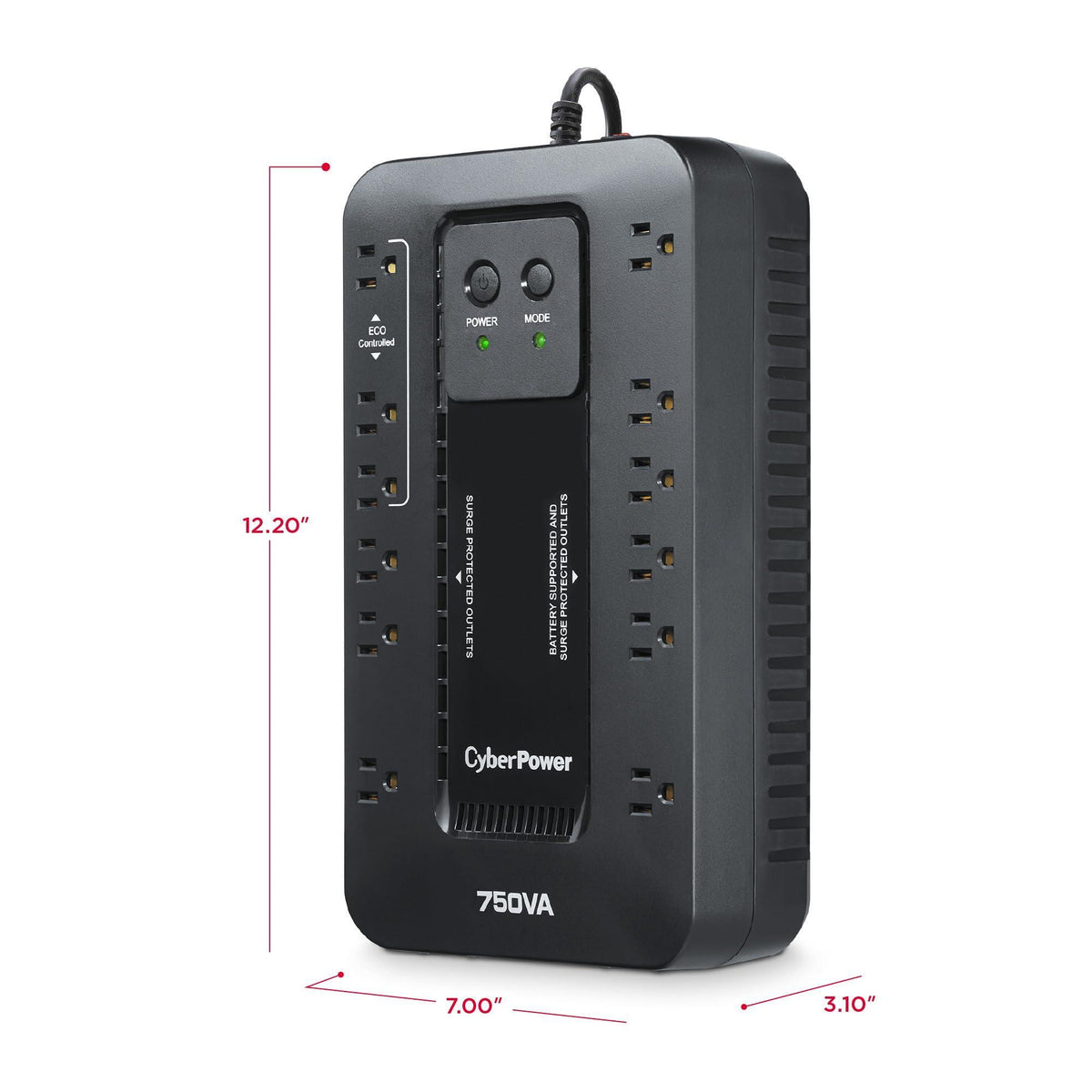 CyberPower EC750GTAA Ecologic Battery Backup & Surge Protector UPS System, 750VA/450W, 12 Outlets, ECO Mode, Compact Uninterruptible Power Supply, TAA Certified