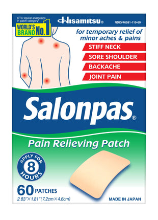 Salonpas Pain Relieving Patch for Back, Neck, Shoulder, Knee Pain and Muscle Soreness   8 Hour Pain Relief   60 Count
