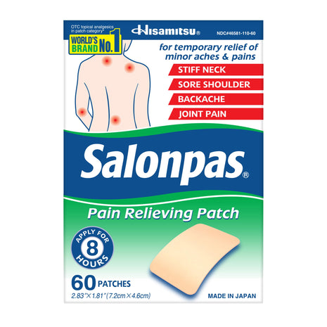 Salonpas Pain Relieving Patch for Back, Neck, Shoulder, Knee Pain and Muscle Soreness   8 Hour Pain Relief   60 Count