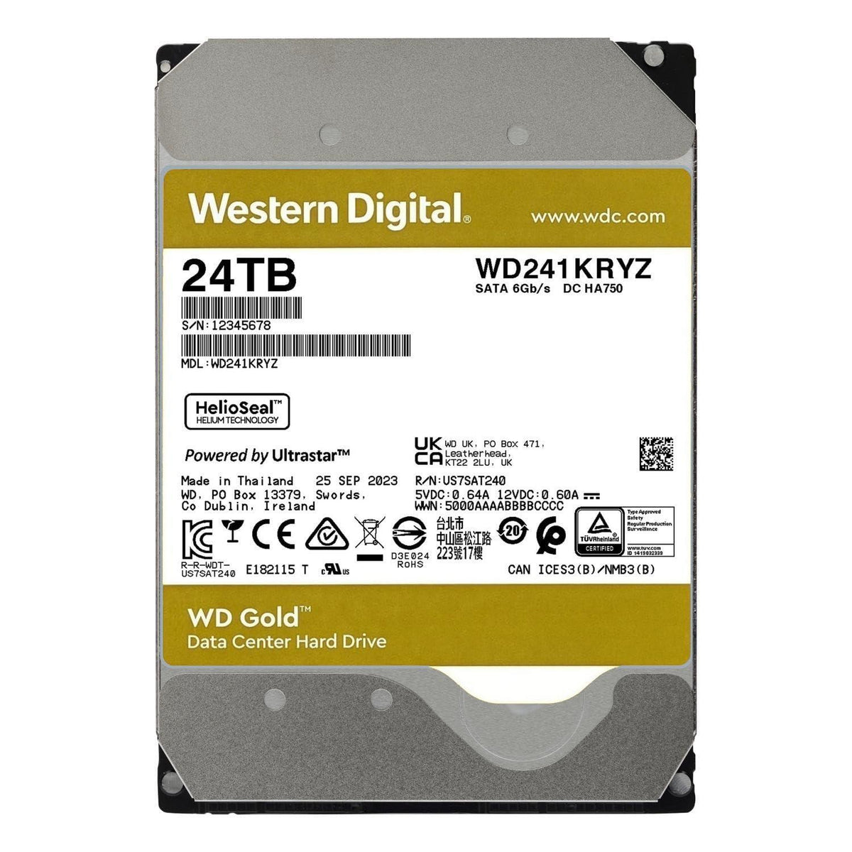 Western Digital 24TB WD Gold Enterprise Class SATA Internal Hard Drive HDD - 7200 RPM, SATA 6 Gb/s, 512 MB Cache, 3.5" - WD241KRYZ