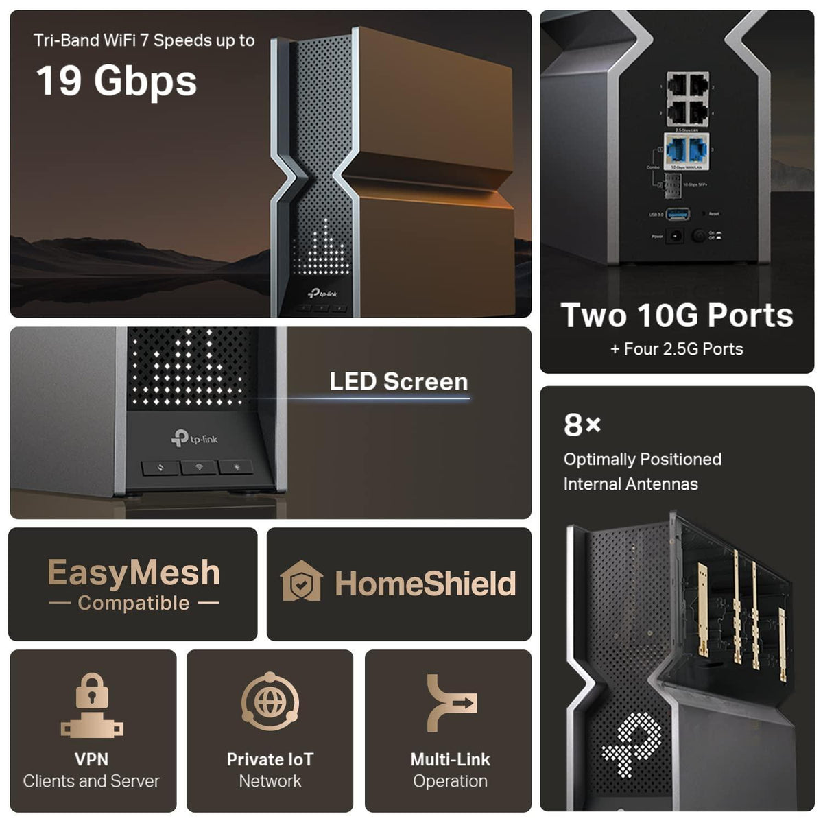 TP-Link Tri-Band BE19000 WiFi 7 Router (Archer BE800) | 12-Stream 19 Gbps | 2×10G + 4×2.5G Ports | LED Screen, 8 High-Performance Antennas | VPN, Easy Mesh, HomeShield, Private IoT, Free Expert Help