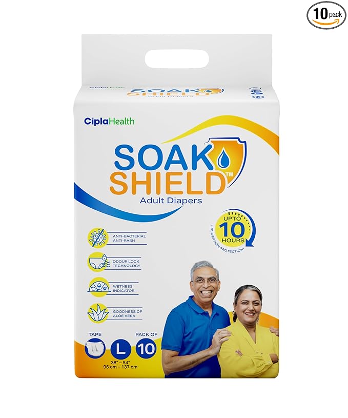 Cipla Soak Shield Premium Adult Diaper - Tape Style | 10 hr Absorption-Protection |AntiBacterial & AntiRash | Unisex with Wetness Indicator | Odour Control | Goodness of Aloe Vera | 10 Units