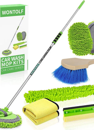 Wontolf 62'' Car Wash Brush with Long Handle Chenille Microfiber Car Wash Mop Mitt Kit Car Detailing Brush Cleaning Kit Window Squeegee Car Duster Drying Towels Tire Brush for Cars RV Truck Boat