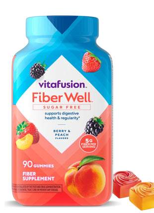 Vitafusion Fiber Well Gummies for GLP-1 Support | 5mg | 90 Count | Sugar Free Adult Gummy | Vitamins For Women & Men | Berry & Peach Flavors | Gluten Free Formula