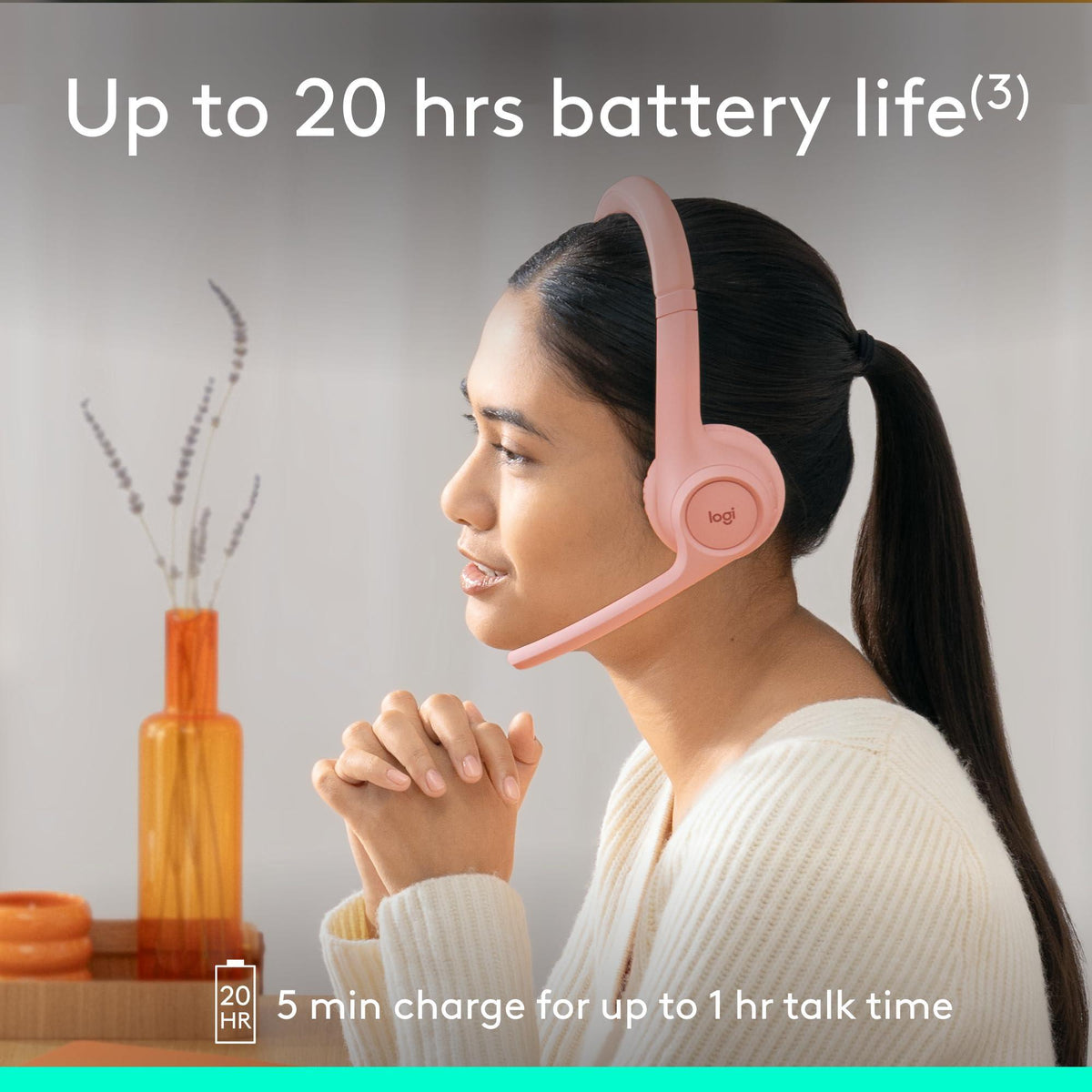 Logitech Zone 300 Wireless Bluetooth Headset with Noise-Canceling Microphone, Compatible with Windows, Mac, Chrome, Linux, iOS, iPadOS, Android – Rose