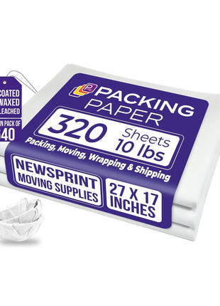 Purple Papers White Bulk Packing Paper | 320 Sheets | 27 inch x 17 inch | 10 lb | Sheets for Moving - Newsprint Paper - Must Have in Your Moving Supplies | Newsprint Papers | Packaging Paper