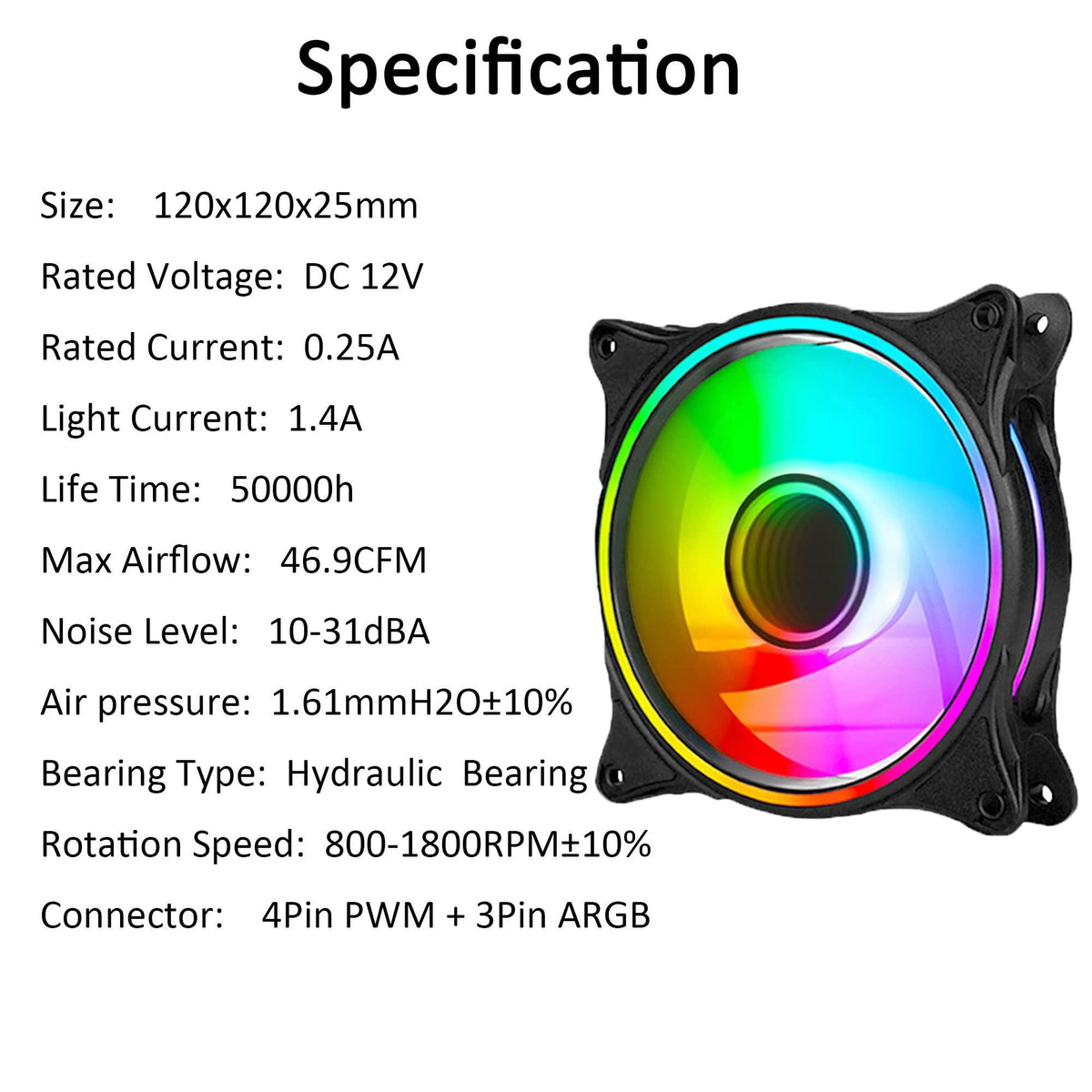 120mm ARGB PWM PC Case Fans - 800-1800RPM Computer CPU Cooling with Addressable RGB PC Case Triple Light Loop Includes SATA Adapter 3-Pack Black