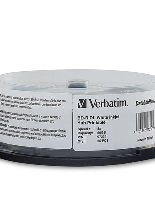 Verbatim BD-R DL 50GB 8X Blu-ray Recordable Media Disc DataLifePlus White Inkjet Hub Printable - 25pk Spindle - 97334