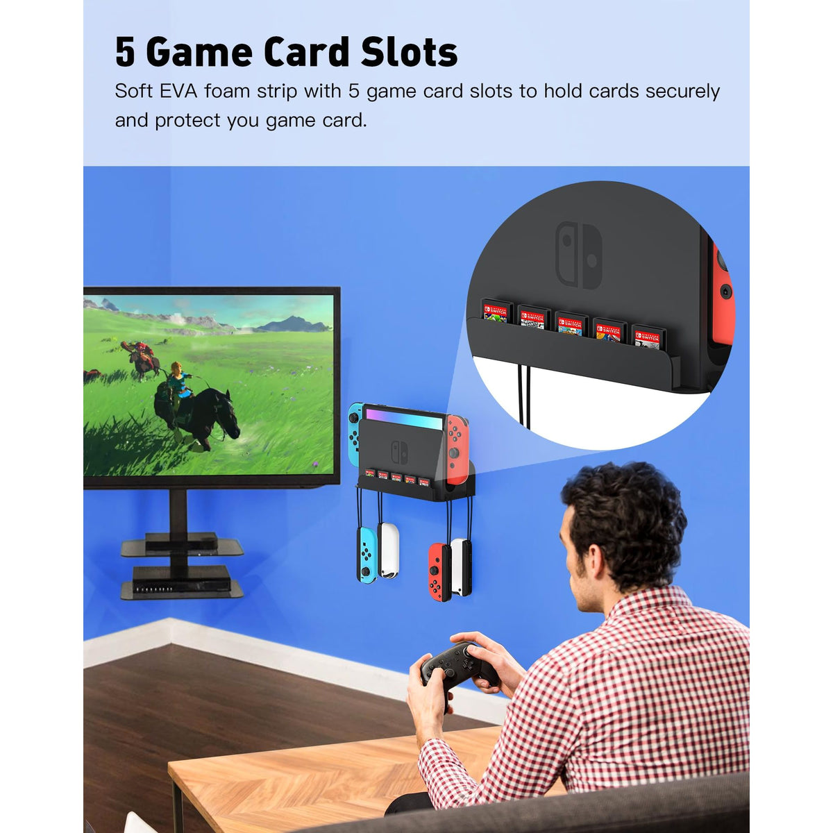 ZAONOOL Wall Mount for Nintendo Switch and Switch OLED, Metal Wall Mount Kit Shelf Accessories with 5 Game Card Holders and 4 Joy Con Brackets, Safely Store Switch Console Near or Behind TV, Black