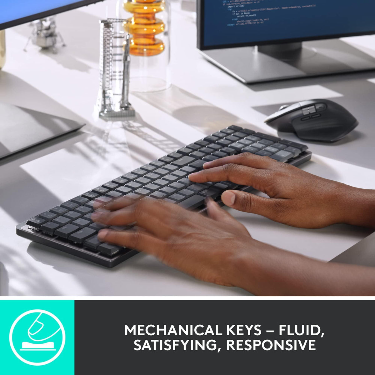 Logitech MX Mechanical Wireless Illuminated Performance Keyboard, Linear Switches, Backlit Keys, Bluetooth, USB-C, macOS, Windows, Linux, iOS, Android, Metal