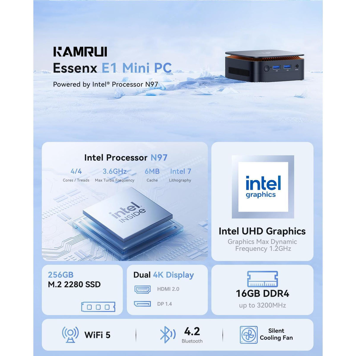 KAMRUI Essenx E1 Mini PC Computer with N97 Processor, 16GB DDR4 RAM 256GB M.2 SSD, Mini Desktop Computer Support Dual 4K, WiFi, Bluetooth, Ethernet, HTPC for Business, Education, Home