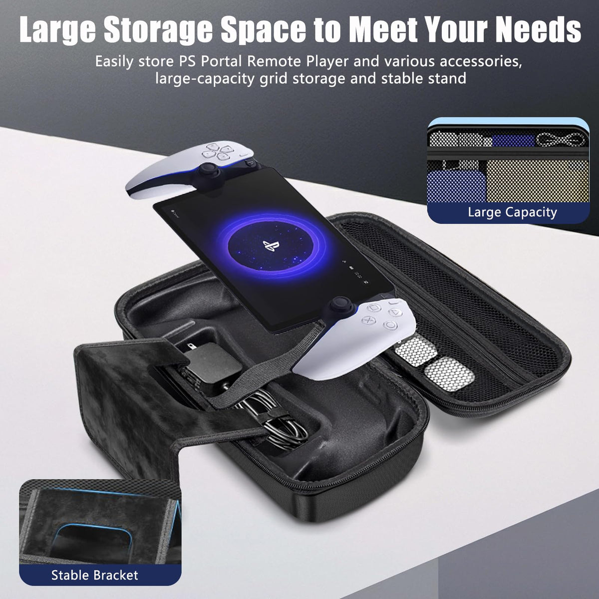 TEFELE 12 in 1 Accessories for Playstation Portal Remote Player with ps5 Portal Case 2 Transparent Screen 4Thumb Grip Charger Shoulder Bracket Base 2 Resistance Button Caps Black