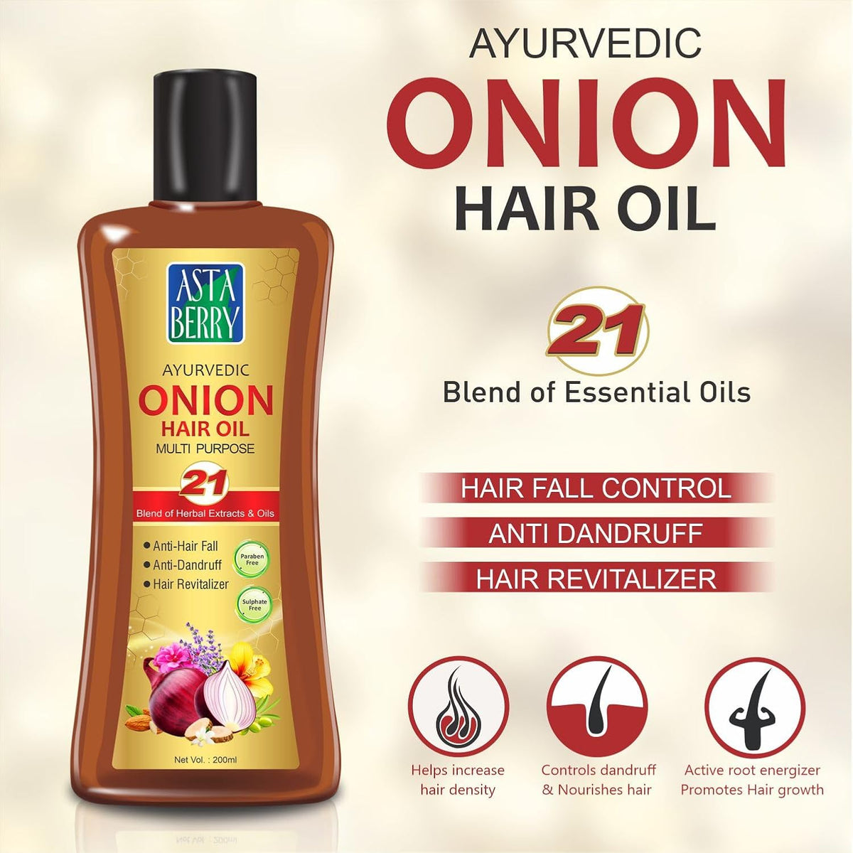 ASTABERRY Onion Hair Oil For Hair Growth 200ml -Anti Revitalizer & Anti Hairfall | Goodness of 21 Herbal Extract & Essentials Oils | Energizes hair roots | Anti-dandruff properties