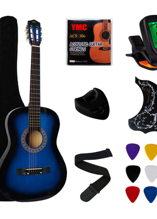YMC 38 inch Blue Beginner Acoustic Guitar Starter Package Student Guitar with Gig Bag,Strap, 3 thickness 9 Picks,2 Pickguards,Pick Holder, Extra Strings, Electronic Tuner -Blue