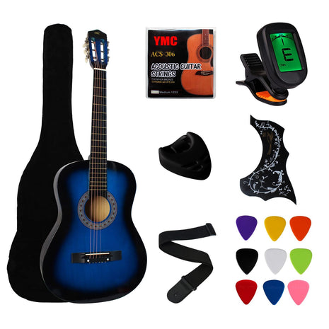 YMC 38 inch Blue Beginner Acoustic Guitar Starter Package Student Guitar with Gig Bag,Strap, 3 thickness 9 Picks,2 Pickguards,Pick Holder, Extra Strings, Electronic Tuner -Blue