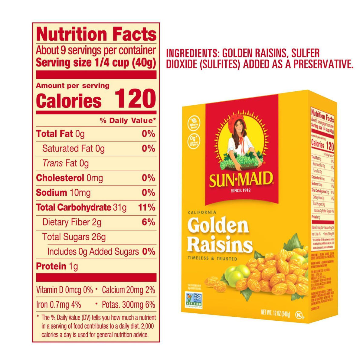 Sun-Maid California Golden Raisins - 12 oz Sharing-Size Box - Dried Fruit Snack for Lunches, Snacks, and Natural Sweeteners