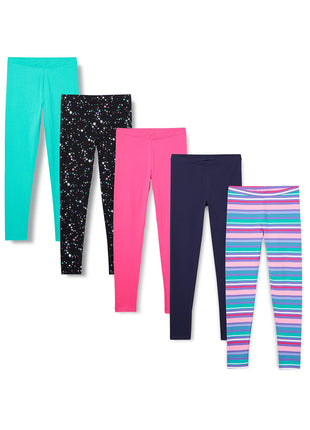Amazon Essentials Girls' Leggings, Pack of 5, Aqua Green/Black Stars/Navy/Pink/Stripe, Medium