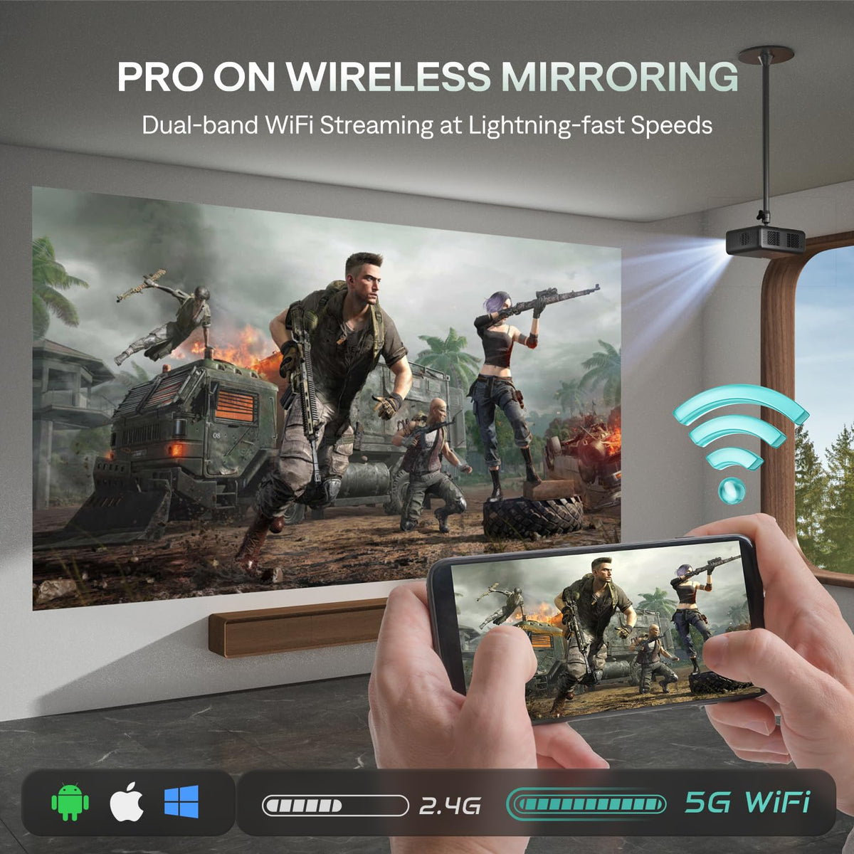 Aurzen Smart Projector with WiFi and Bluetooth, NetfIix Official, 20W Speakers, DoIby Audio & dbx-tv Total Sonics, Auto Focus & Keystone, Native 1080P Portable Outdoor Movie Projector
