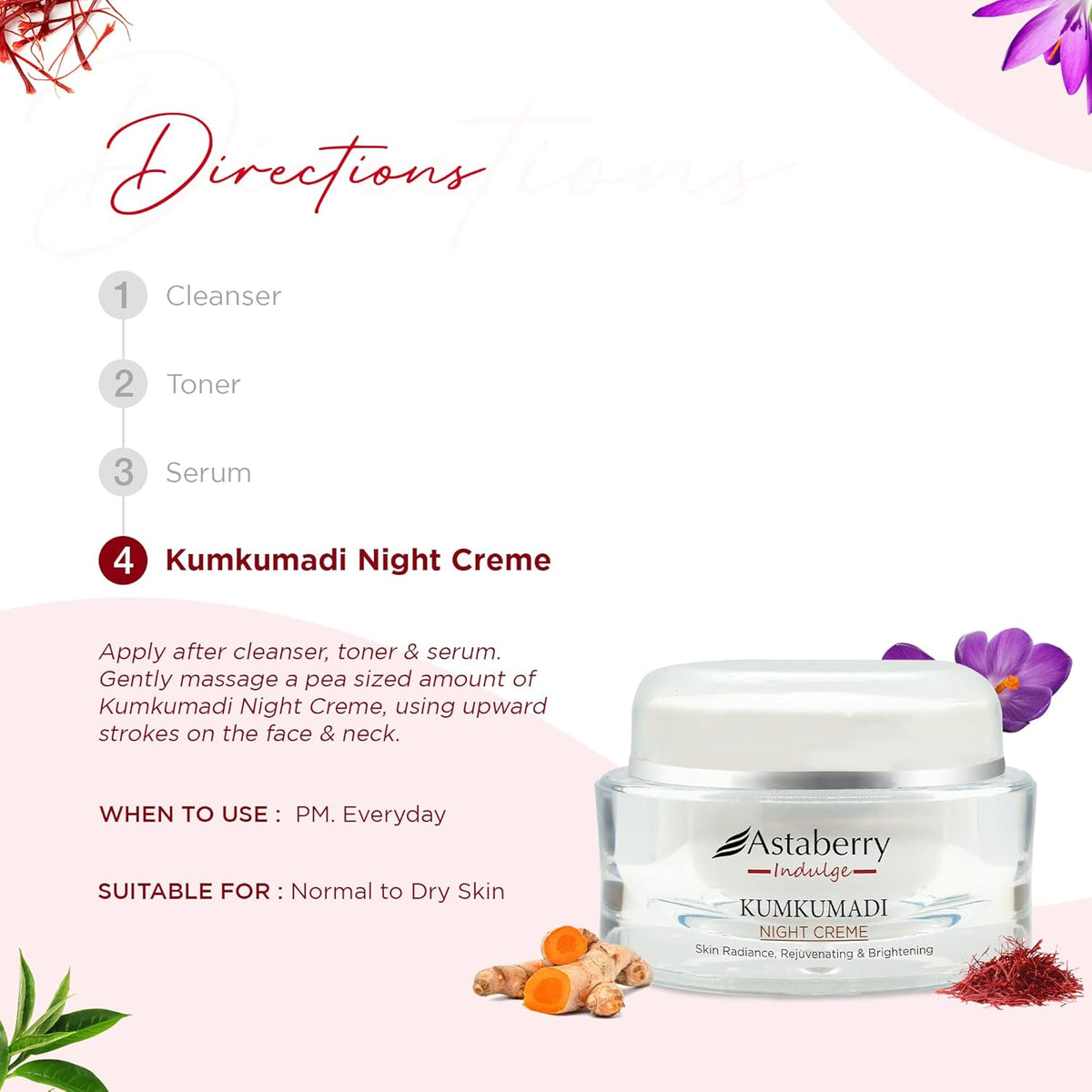 Astaberry Indulge Kumkumadi Night Cream for Glowing Skin | Dark Spot Reduction | Rejuvenates Dull Skin | For Normal, Oily, Acne-Prone, Combination Skin | 50 g