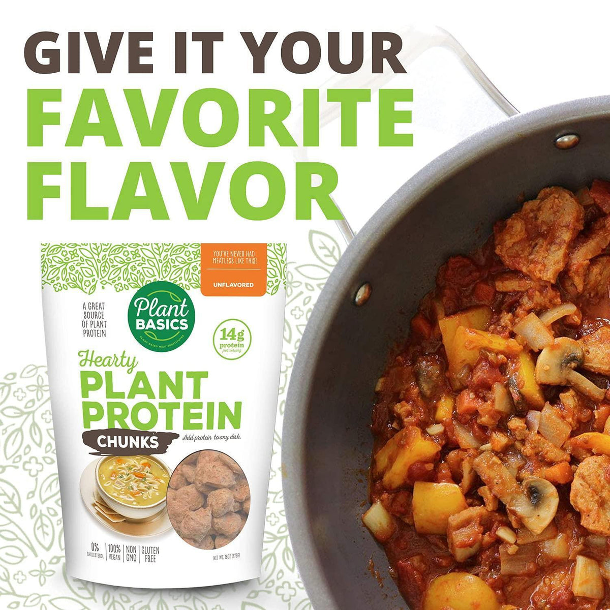 Plant Basics - Hearty Plant Protein - Unflavored Chunks, 1 lb, Non-GMO, Gluten Free, Low Fat, Low Sodium, Vegan, Meat Substitute