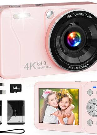 Digital Camera, 4K 64MP, 18X Zoom, Point and Shoot Digital Camera with 64GB TF Card & 2 Batteries, Portable Rechargeable Small Camera for Kids Teens Adult, Pink