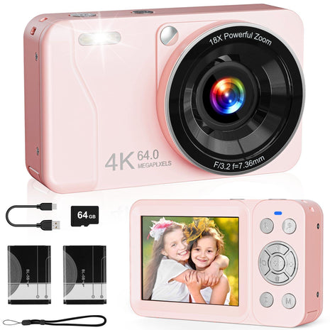 Digital Camera, 4K 64MP, 18X Zoom, Point and Shoot Digital Camera with 64GB TF Card & 2 Batteries, Portable Rechargeable Small Camera for Kids Teens Adult, Pink