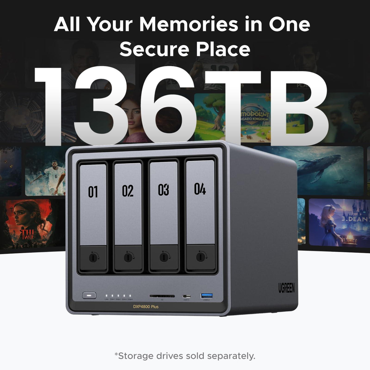 UGREEN NASync DXP4800 Plus 4-Bay Desktop NAS, Intel Pentium Gold 8505 5-Core CPU, 8GB DDR5 RAM, 128G SSD, 1 * 10GbE, 1 * 2.5GbE, 2 * M.2 NVMe Slots, 4K HDMI, Network Attached Storage (Diskless)