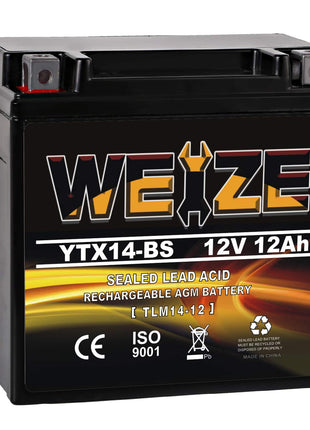 Weize YTX14 BS ATV Battery High Performance - Maintenance Free - Sealed AGM YTX14-BS Motorcycle Battery compatible with Honda Suzuki Kawasaki Yamaha scooter snowmobile