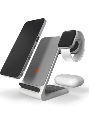 STM ChargeTree Swing 3-in-1 Wireless Charging Station for iPhone/Samsung/Android (15W/7.5W), AirPods (5W), Apple Watch (3W). Qi-Certified Stand, White