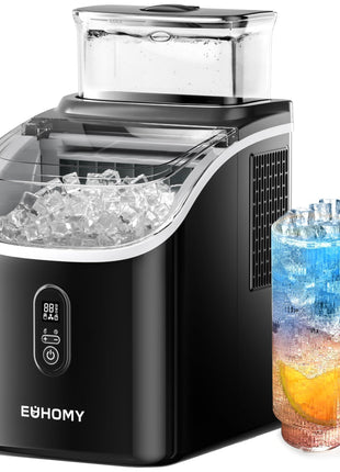 EUHOMY Ice Cube Maker Machine Countertop with External Water Tank, 2 Ways to Add Water, 34Lbs/Day, 16Pcs Ready in 7 Mins, Auto-Cleaning, with Ice Scoop & Basket, for Home/Kitchen/Office/Bar (Black)