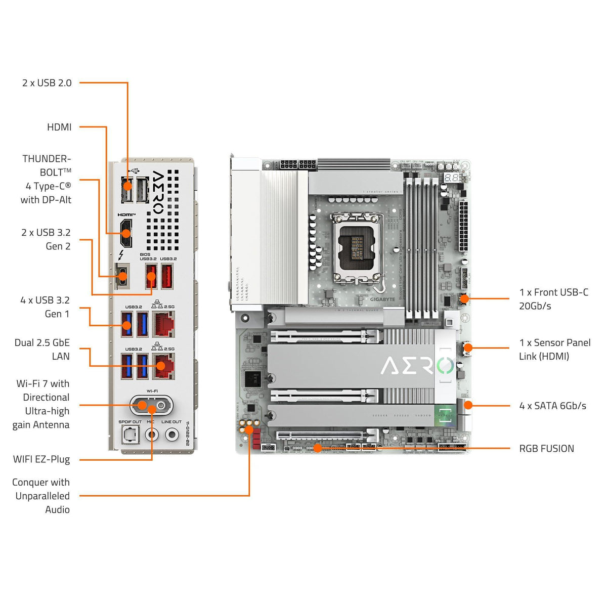 GIGABYTE Z890 AERO G Intel Core Ultra (Series 2) LGA 1851 Motherboard, ATX, DDR5, 5xM.2, PCIe 5.0, Thunderbolt 4, WIFI7, Dual 2.5Gbe LAN, EZ-Latch