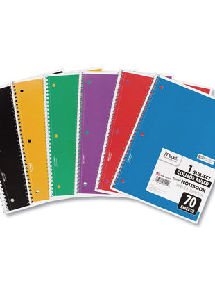 Mead Spiral Notebook, 1 Subject, College Ruled Paper, 7-1/2" x 10-1/2", 70 Sheets per Notebook, Colors Will Vary, 6 Pack (73065)