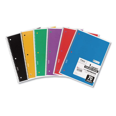 Mead Spiral Notebook, 1 Subject, College Ruled Paper, 7-1/2" x 10-1/2", 70 Sheets per Notebook, Colors Will Vary, 6 Pack (73065)