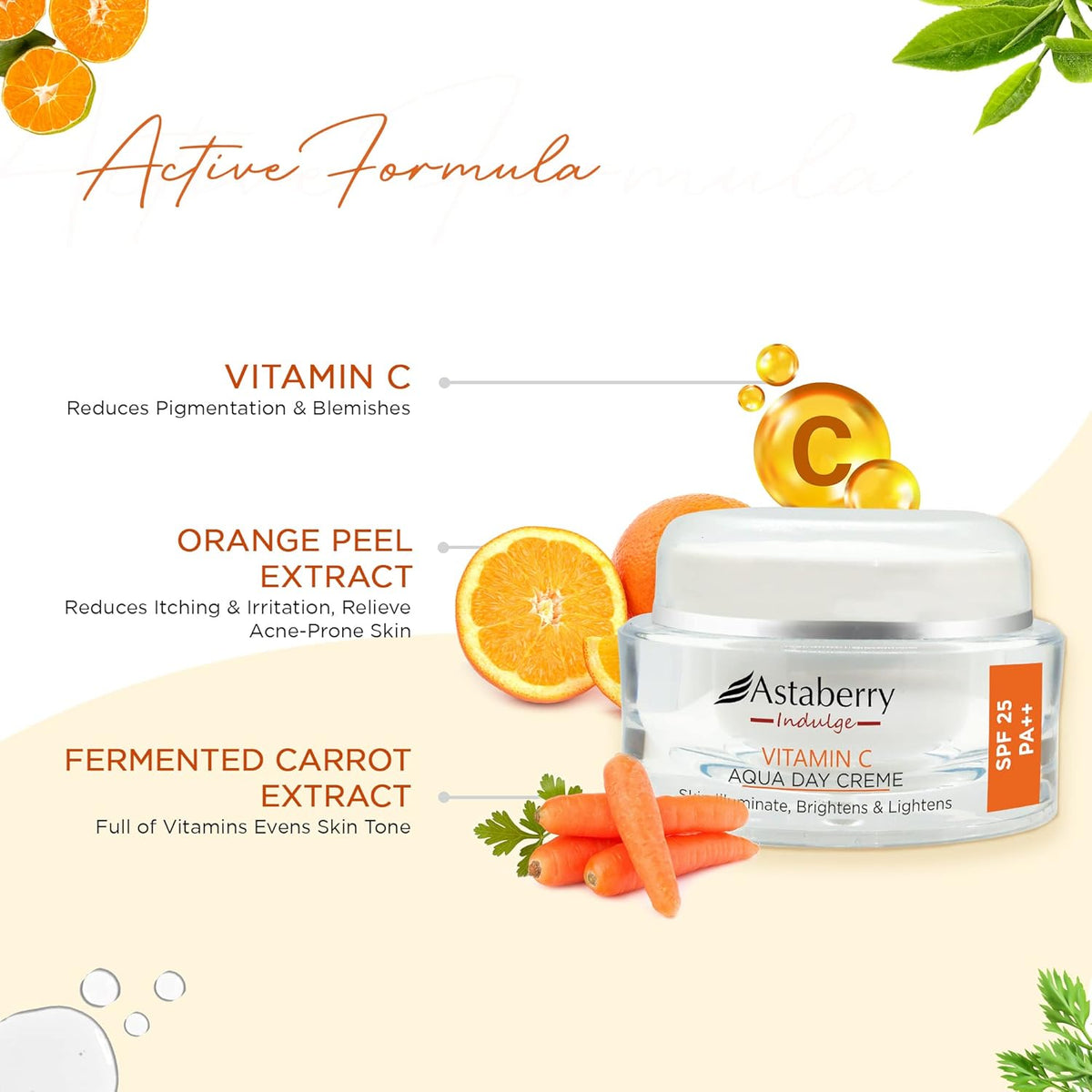 Astaberry Indulge Vitamin C Day CrËme with SPF 25 for Glowing Skin | Reduces Acne | Protects From UV Damage | Reduces Dark Spots & Blemishes - 50 g