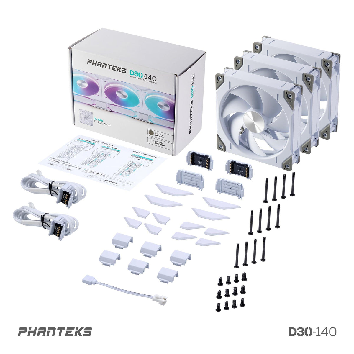 Phanteks D30-140 DRGB PWM Fan 3Pack, Premium D-RGB Performance Fans, ARGB/DRGB Lighting, Daisy-Chain Fan Linking System, 3Pack (White)