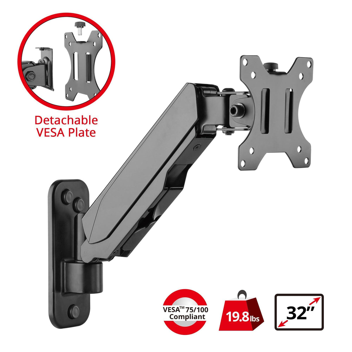 SIIG Aluminum Gas Spring Full Motion Ergonomic Single Arm Monitor Wall Mount - Heavy Duty Holds 17" to 32" Screen, up to 19.8 lbs - Single VESA 75/100m