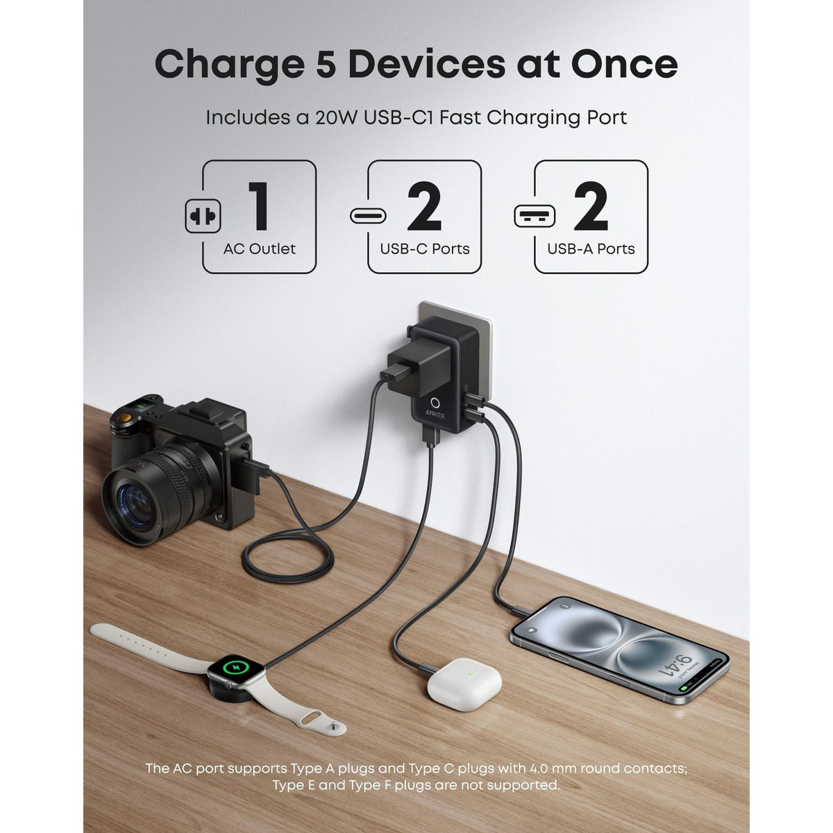 Anker Nano Travel Adapter, 5-Port Power Adapter with 1 AC, 2 USB-A, and 2 USB-C Ports, Smart Temperature Control, Compatible with Over 200 Countries, Ideal for Travel (1-Pack)