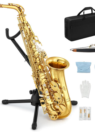 Eastar Student Alto Saxophone E Flat for Beginner Sax Full Kit with Carrying Case, Mouthpiece, Straps, Reeds, Stand, Golden Lacquer, AS-Ⅱ