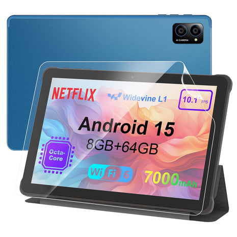 10 inch Android 15 Tablet: Octa-Core, 8GB RAM 64GB, 7000mAh, with Stand Case, IPS HD Display, Wi-Fi 6, OTG, Metal Body – Fast & Portable Tablet for Work & Entertainment, 2-Year Protection