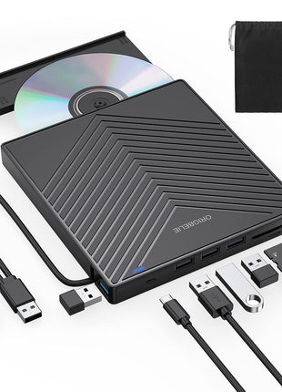 ORIGBELIE External CD DVD Drive, Ultra Slim CD Burner USB 3.0 with 4 USB Ports and 2 TF/SD Card Slots, Optical Disk Drive for Laptop Mac, PC Windows 11/10/8/7 Linux OS