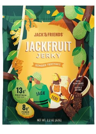 Jack & Friends Jackfruit Jerky Ginger Teriyaki - Plant Based Vegan Jerky Snack, Healthy Meatless Jerky Alternative Made from Jackfruit, 13g Protein, 8g Fiber, Gluten Free, Soy Free, Low Sugar, 2.2 oz (1 Pack)