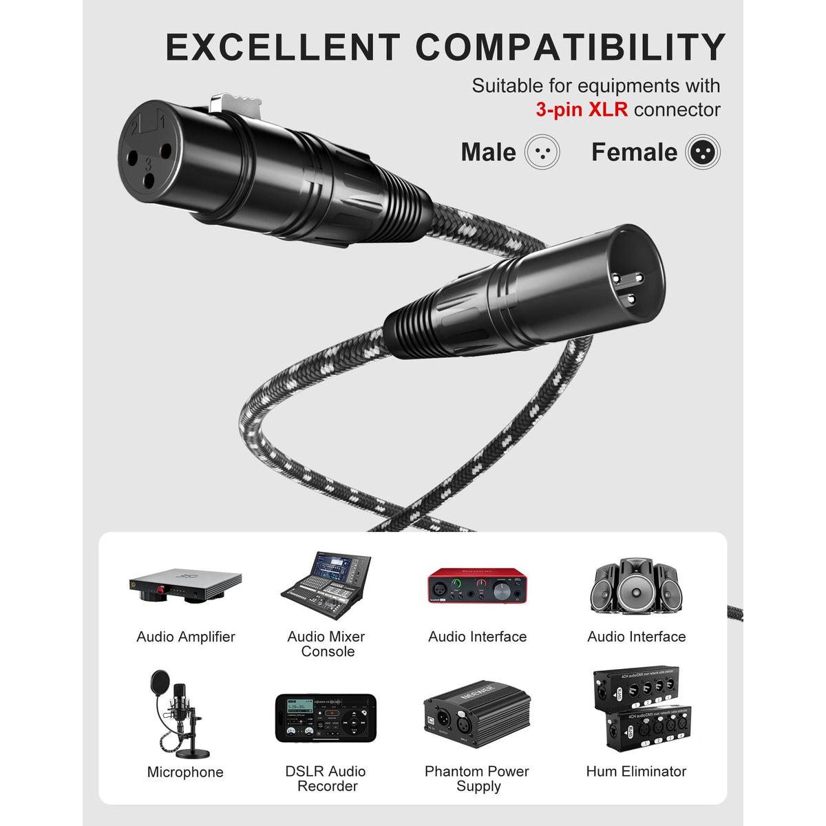 VANDESAIL XLR Cables, 3ft 2 Pack Microphone Cable, XLR Male to Female Balanced Microphone Cord 3 pin, 3 Foot Short mic Cord Oxygen-Free Copper (OFC) Nylon Braided