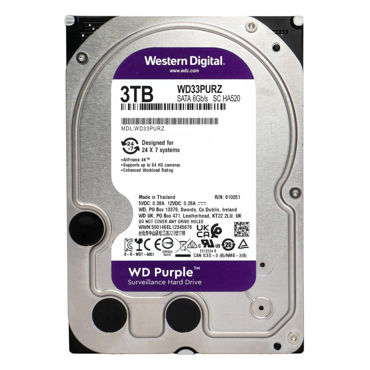 Western Digital 3TB WD Purple Surveillance Internal Hard Drive HDD - SATA 6 Gb/s, 256 MB Cache, 3.5" - WD33PURZ