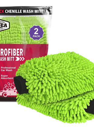 AIDEA Car Wash Mitt Microfiber, 2PK Scratch Free Lint-Free, Premium Chenille Microfiber Mitt Car Wash Brush, Green, Regular Size 7.12''X10.14''