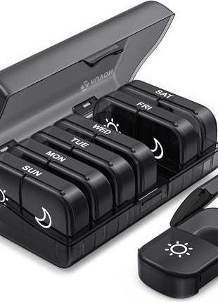 AUVON Weekly Pill Organizer 2 Times a Day, One-Side Large Opening, Easy‐Use | AM PM Pill Case, XL Pill Box 7 Day, Travel Medication Organizer for Medication, Vitamins, Fish Oils, Supplements, Black