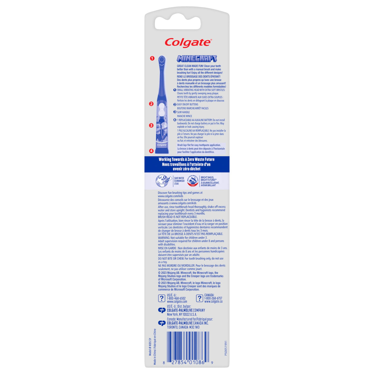 Colgate Kids Battery Powered Minecraft Toothbrush, Extra Soft Kids Battery Toothbrush with 1 AA Battery Included, Made for Ages 3 and Up, Features Easy On and Off Switch, Flat Lay Handle, 1 Count
