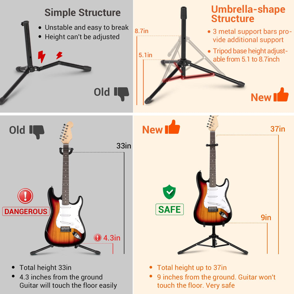 CAHAYA Guitar Stand Floor - Folding Universal Guitar Holder for Acoustic Electric Guitars Bass Guitar Adjust Height from 30.7 to 37 In Folding Tripod Guitar Stands with Neck Holder