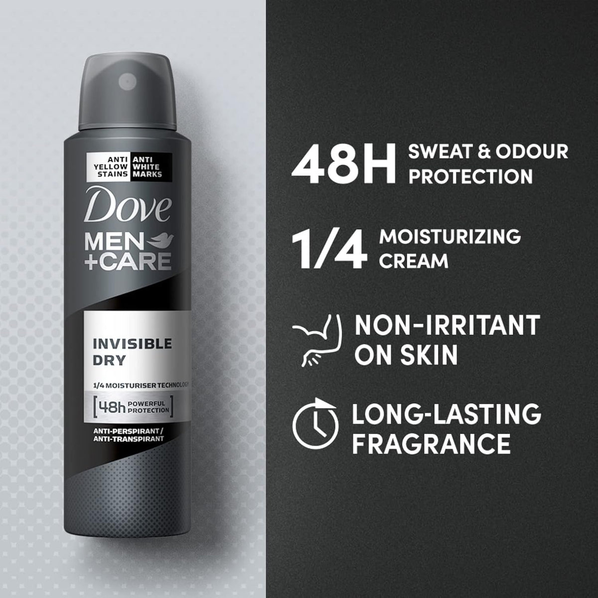 Dove Men+Care Invisible Dry Spray Antiperspirant Deodorant, Up To 48 Hrs Protection From Sweat & Odour, Instantly Dry Soothes & Moisturises Skin, Long-Lasting Subtle Scent, 150Ml