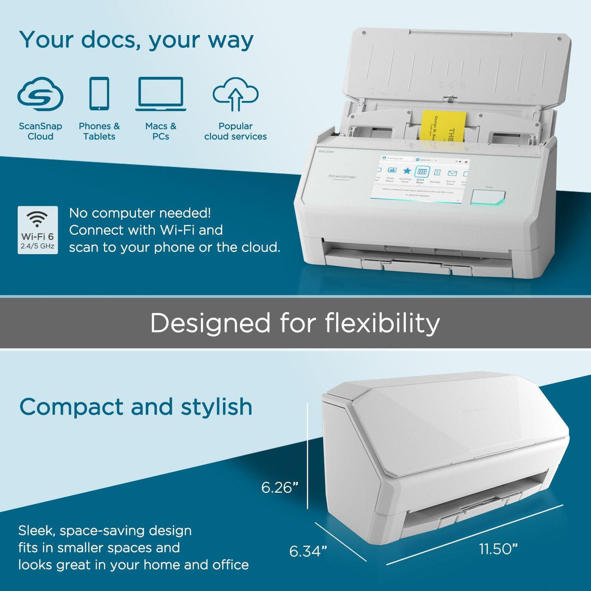 ScanSnap iX2500 Wireless or USB High-Speed Cloud Enabled Document, Photo & Receipt Scanner with Large Touchscreen and 100 Page Auto Document Feeder for Mac or PC, White